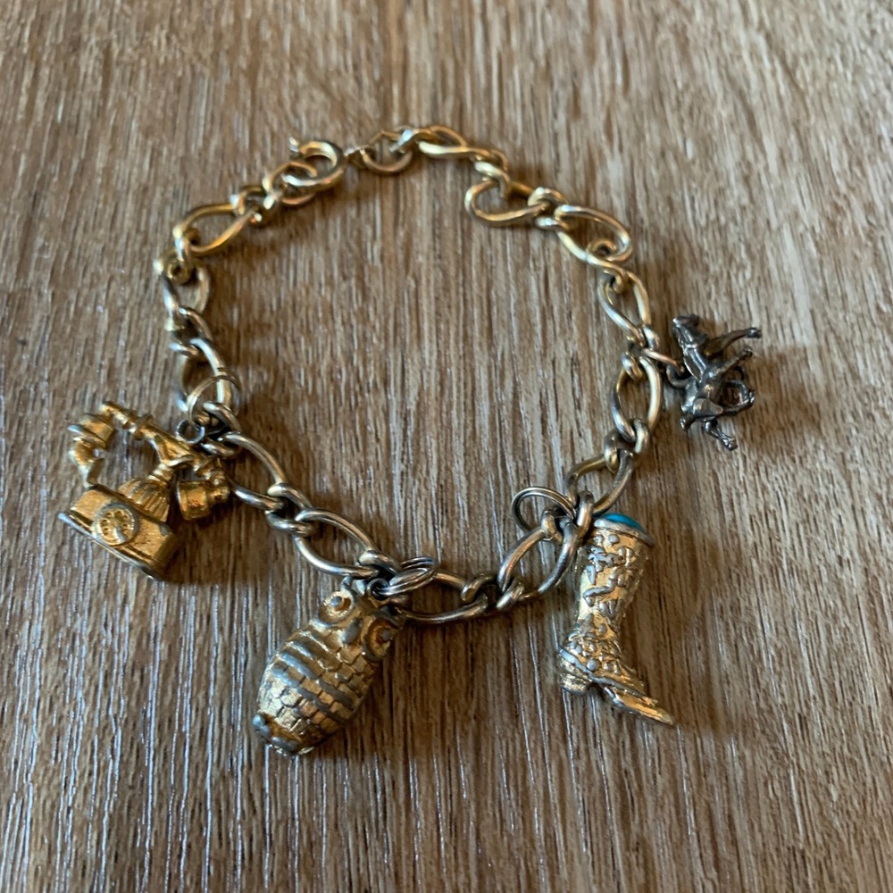 Vintage 1970s AVON western charm bracelet w/ boot, owl, rotary phone, horse